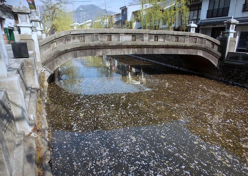 Puente sobre un río lleno de pétalos 