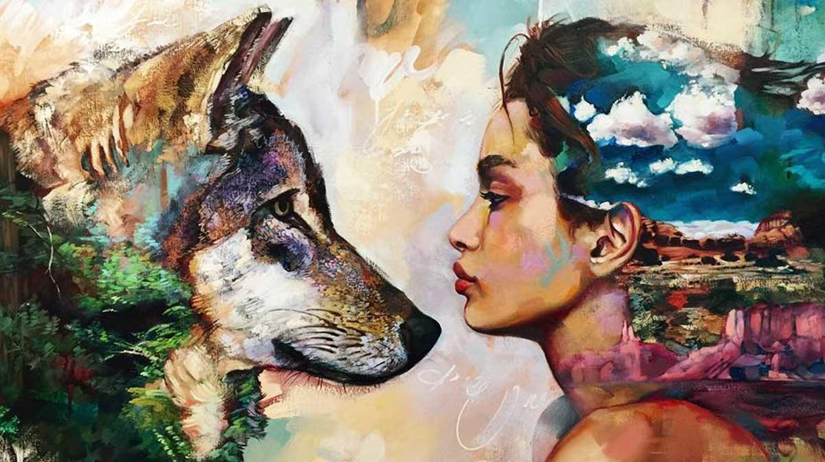 mujer y lobo