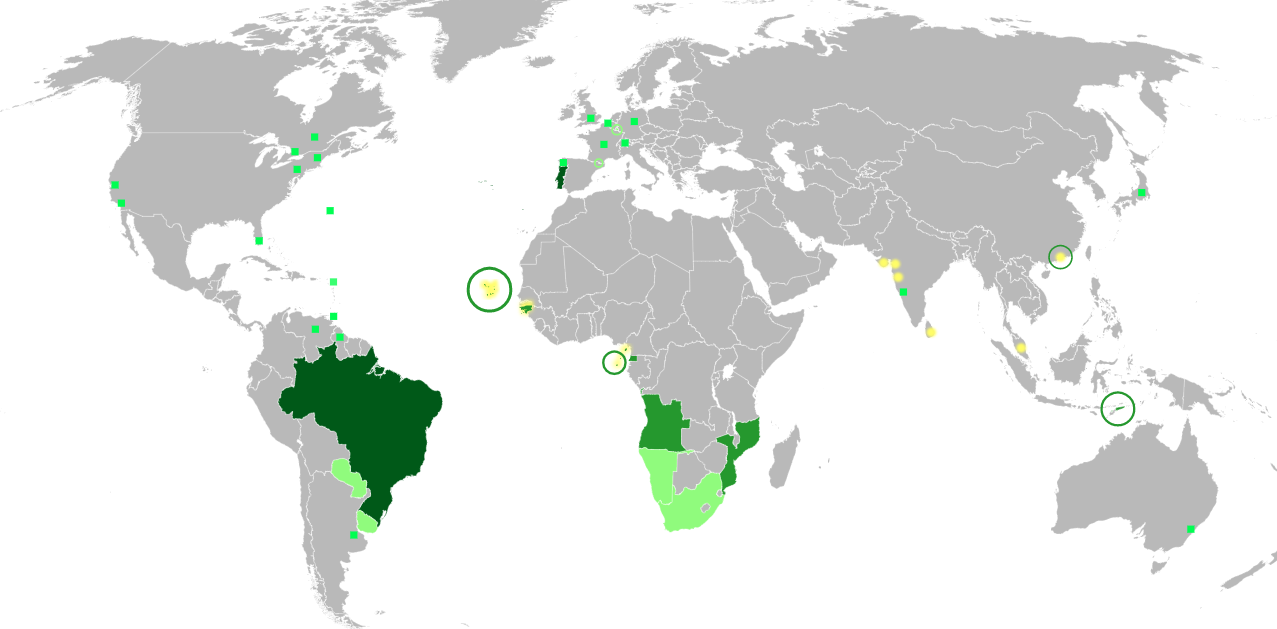 Mapa mundi que resalta los países en los que se habla portugués