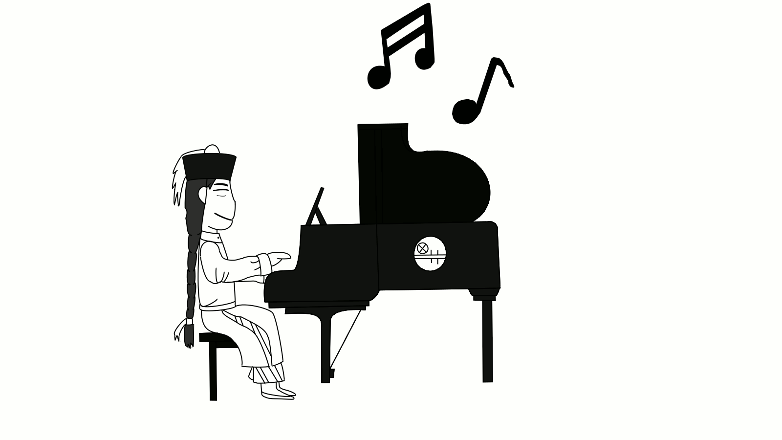 Dibujo de un hombre chino tocando un piano de donde salen Notas musicales.