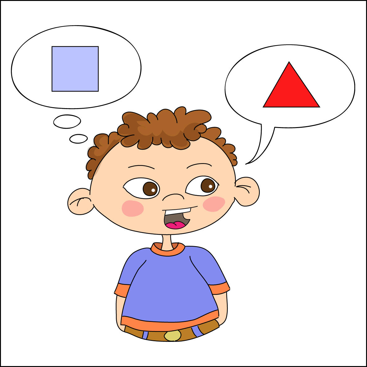Dibujo de un niño con un globo de pensamiento que contiene un cuadrado y un globo de diálogo con un triángulo.