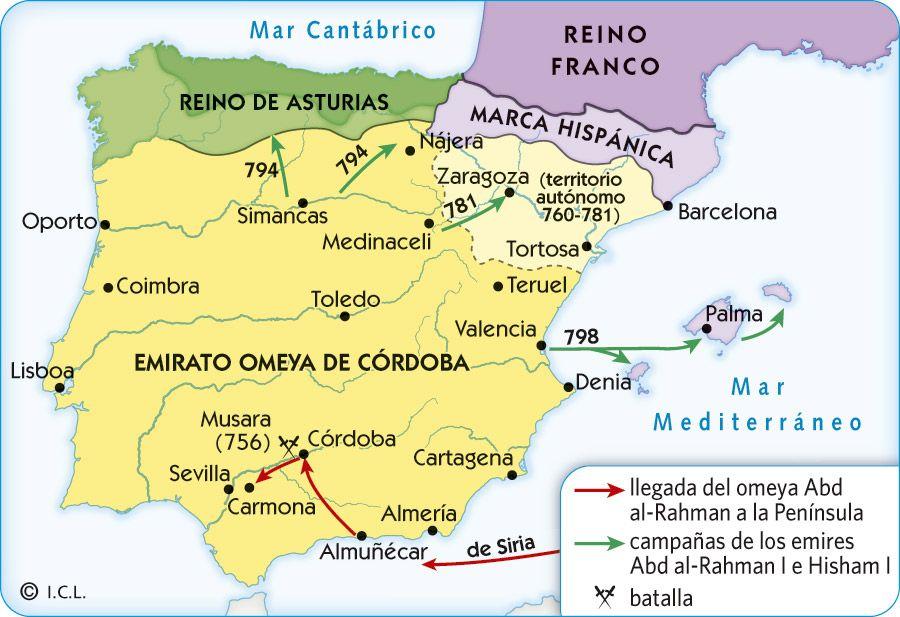 <br> Mapa de España en el siglo VIII que muestra la invasión Árabe. </br>