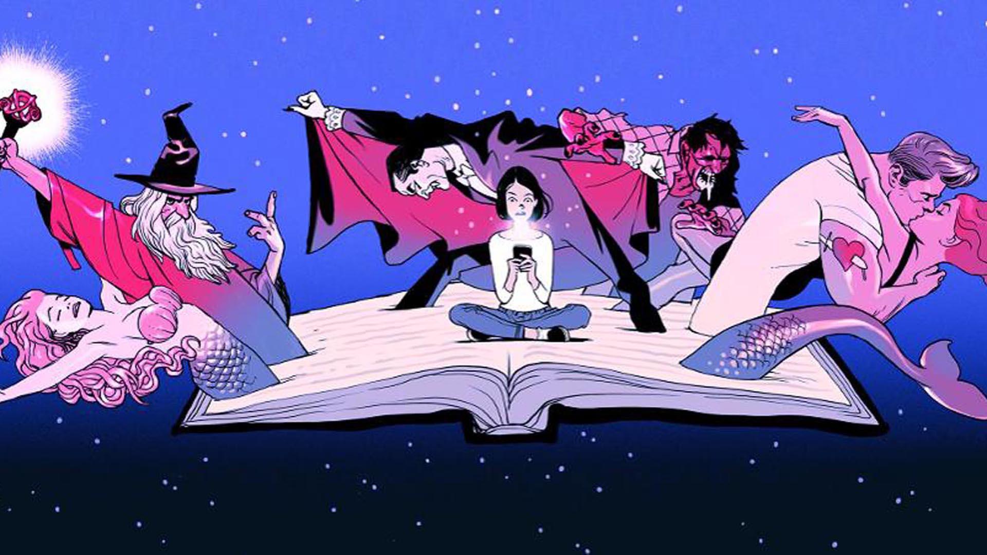 Libro abierto con personajes de cuento saliendo de él