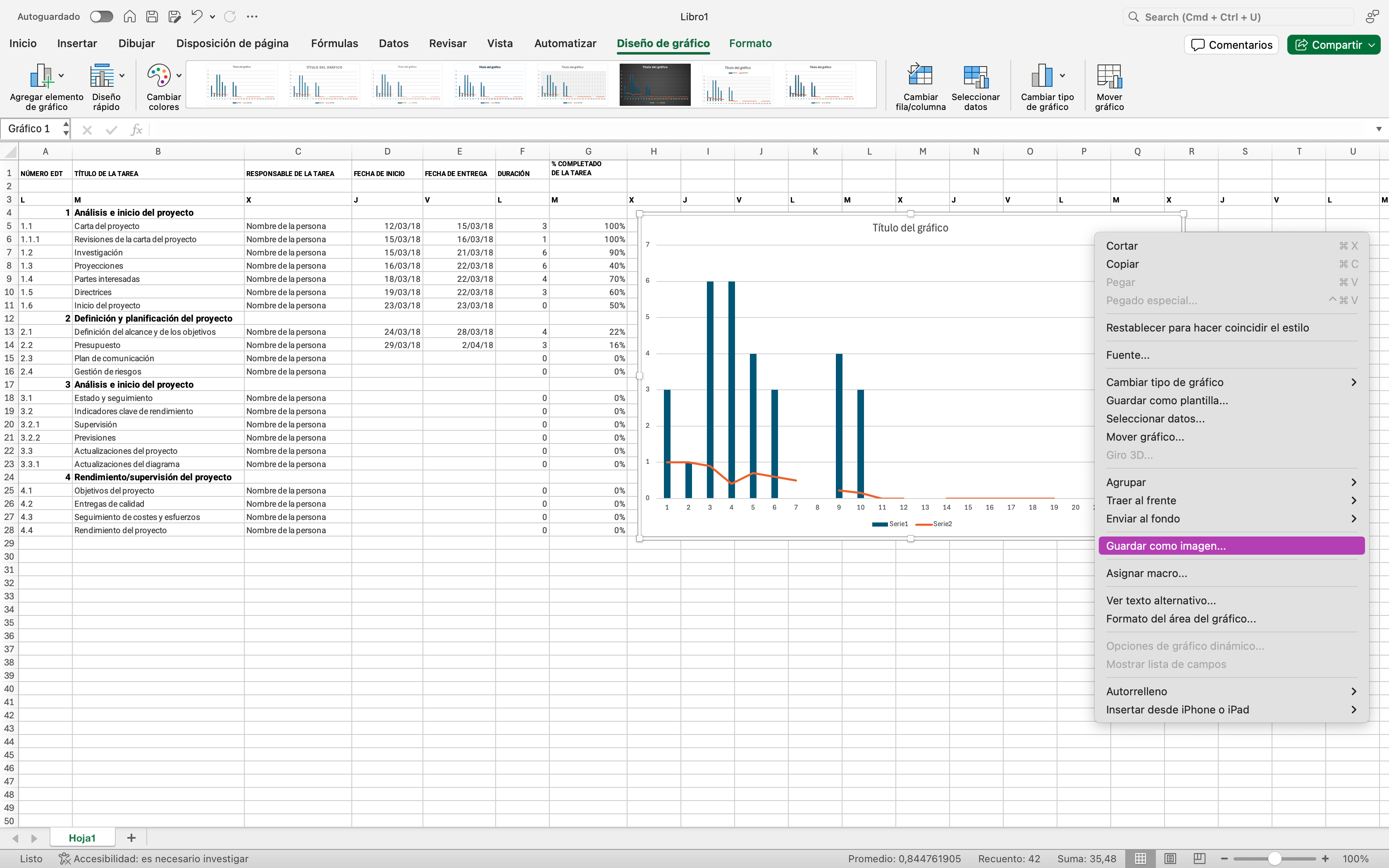 Interfaz de Excel que muestra como exportar un gráfco de excel
