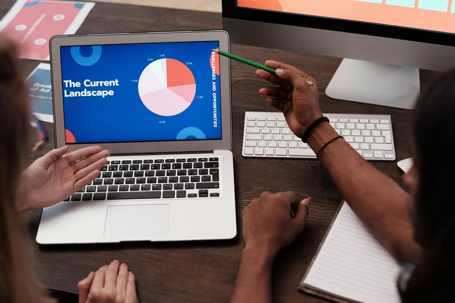 Dos personas revisando un Gráfico circular en el computador