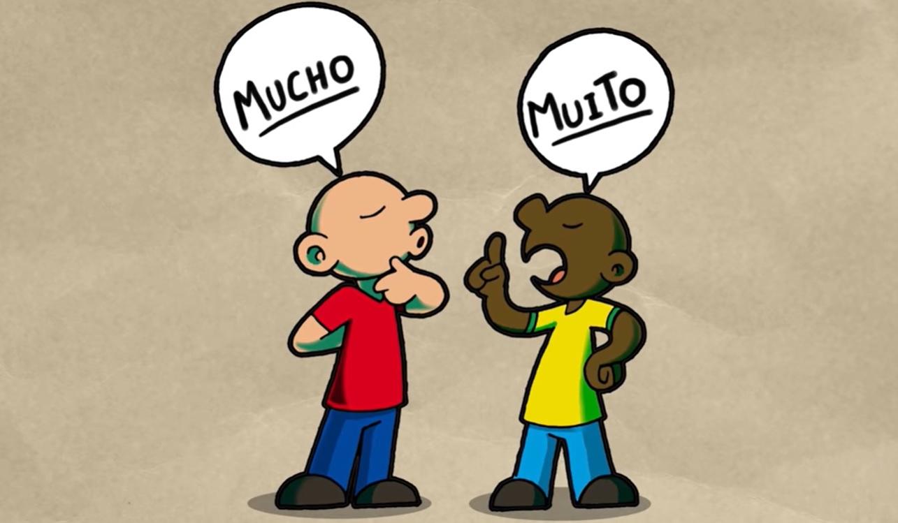 Dibujo que representa a un hombre que habla español diciendo la palabra mucho, y otro que habla portugués diciendo la palabra muito