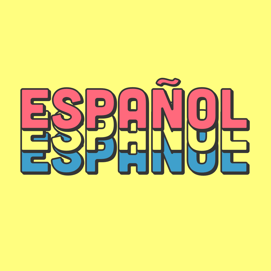 Palabra Español, vista en tres colores, con un fondo amarillo