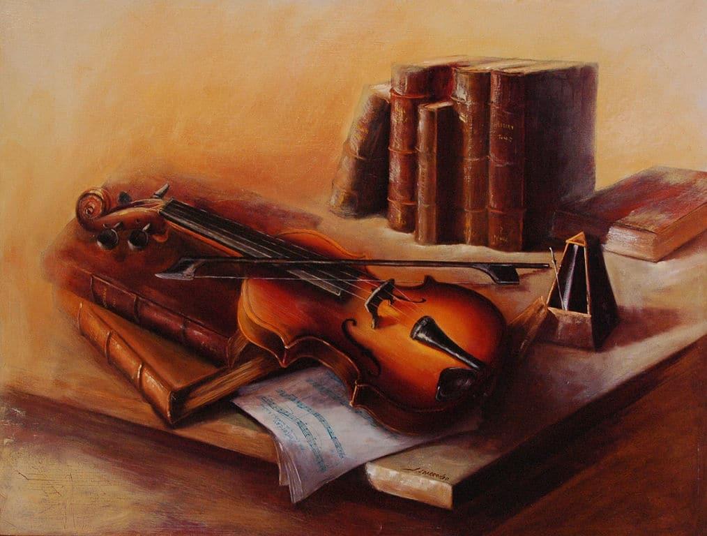 Libros y violin.