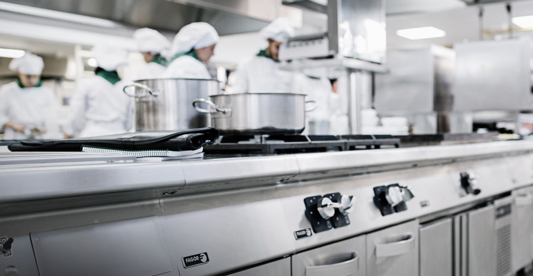 Cocina profesional y en el fondo varios cocineros trabjando
