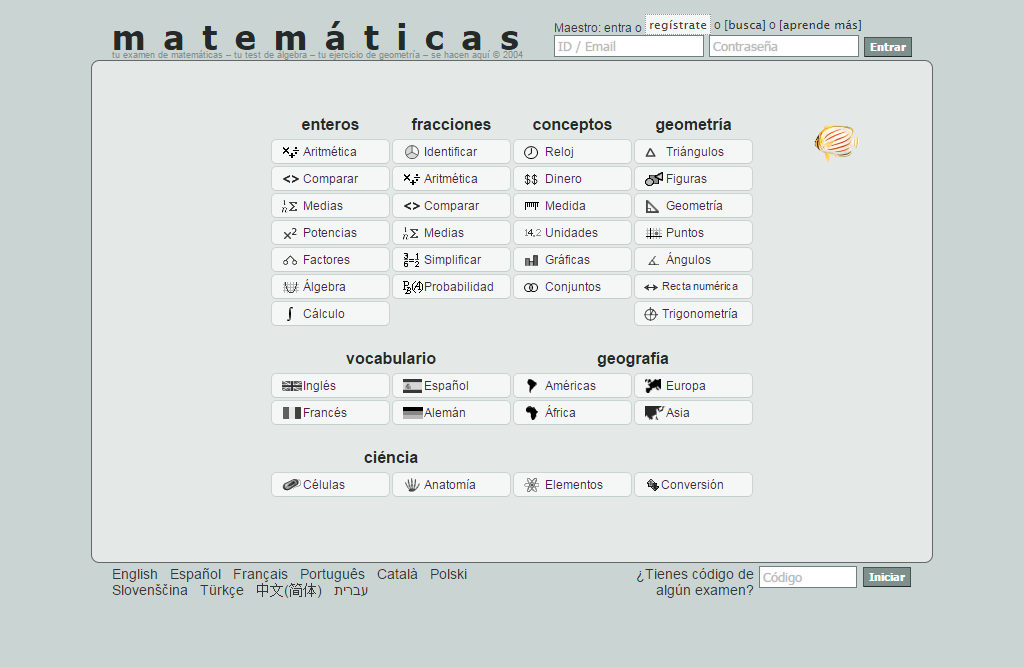 Pantallazo de un Thatquiz con múltiples opciones relacionados a Matemáticas.