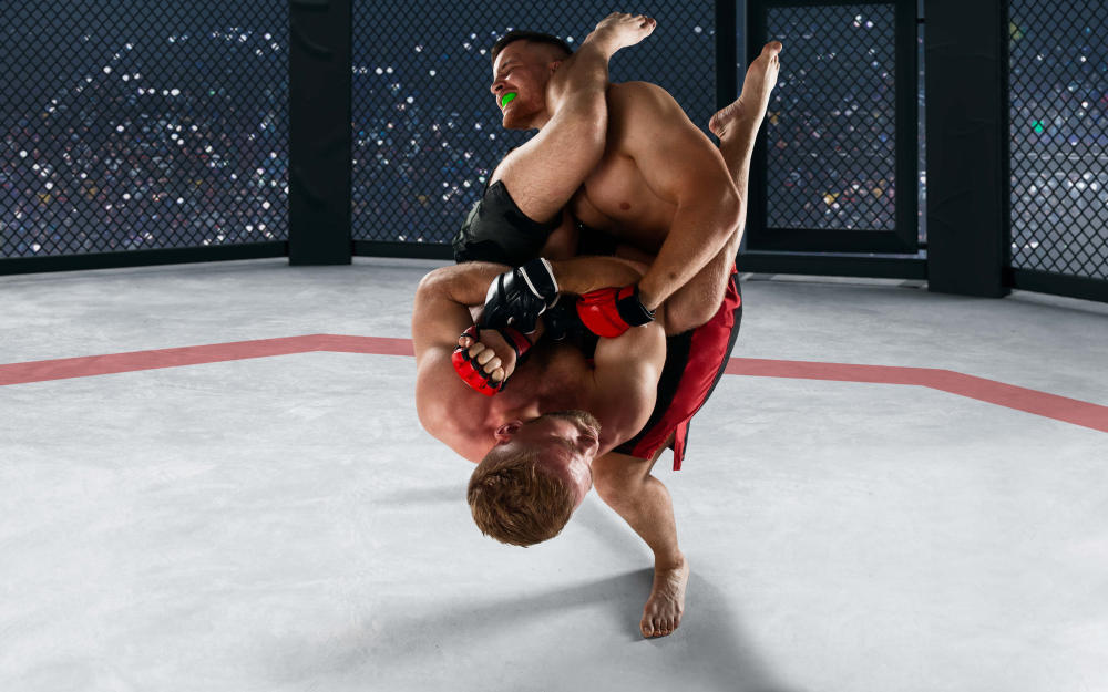 Hombres en combate de MMA uno haciendole un enganche al otro