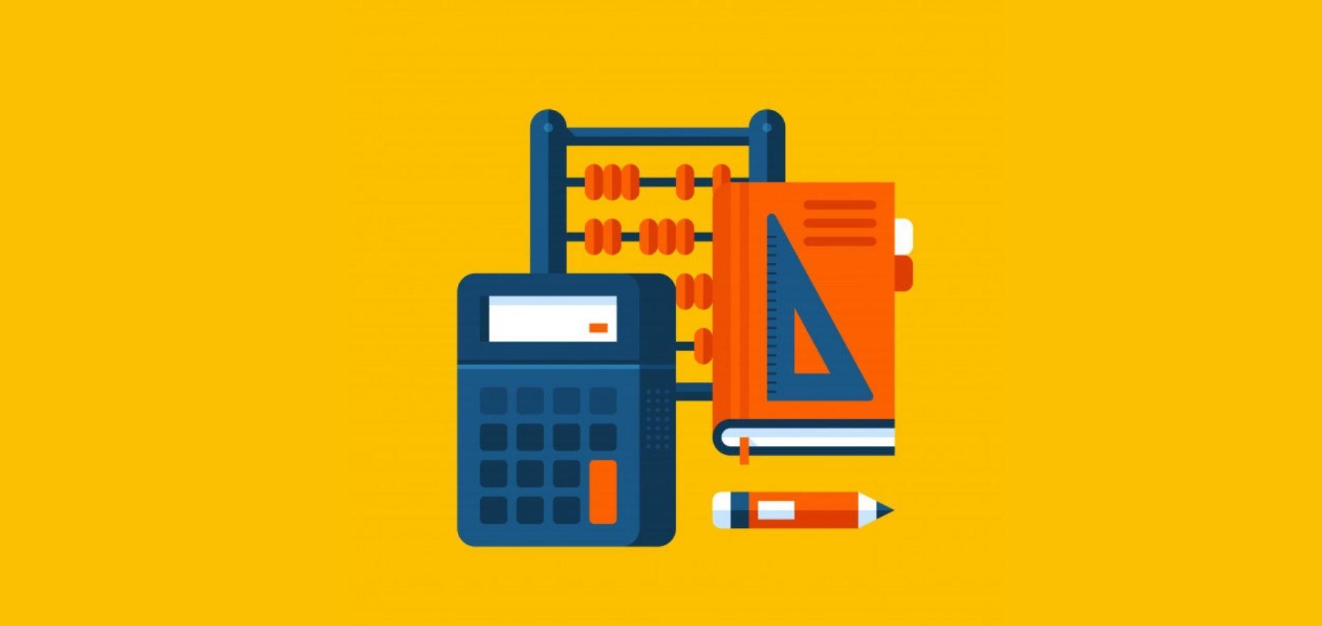Una calculadora, un ábaco, una libreta y un lápiz