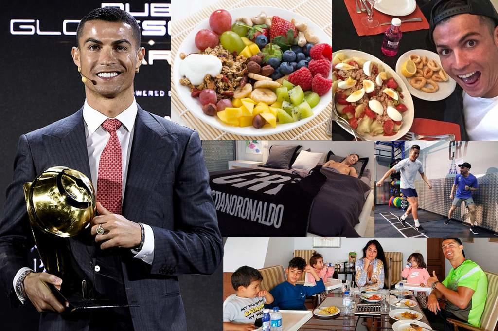 Cristiano Ronaldo con el balón de Oro, a su derecha, alimentos saludables y entrenamientos