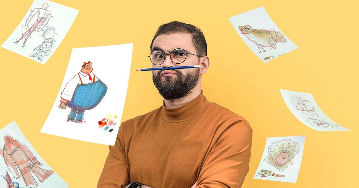Profe con un lápiz sobre la boca, y varios dibujos alrededor de él.