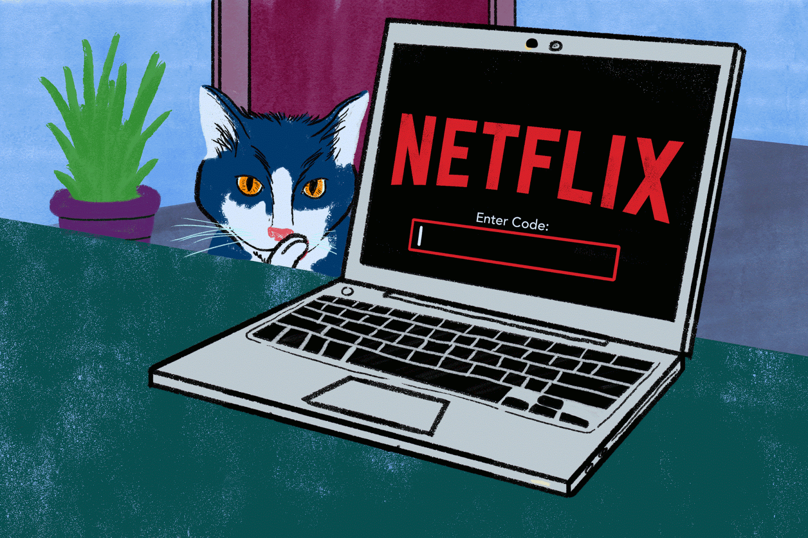 Gato detrás de computador portátil con Netflix.