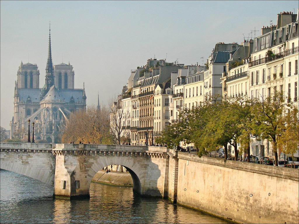 Puente de la Isla Saint-Louis e iglesia de notre dame desde atrás en París, Francia.
