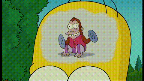 Mono con platillos dentro del cerebro de Homero