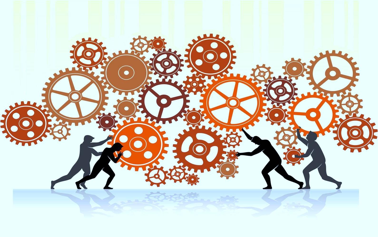 Dibujo de personas moviendo engranajes