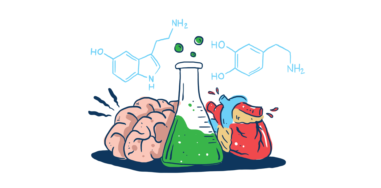 Corazón, cerebro, botella de laboratorio junto a un enlace químico.