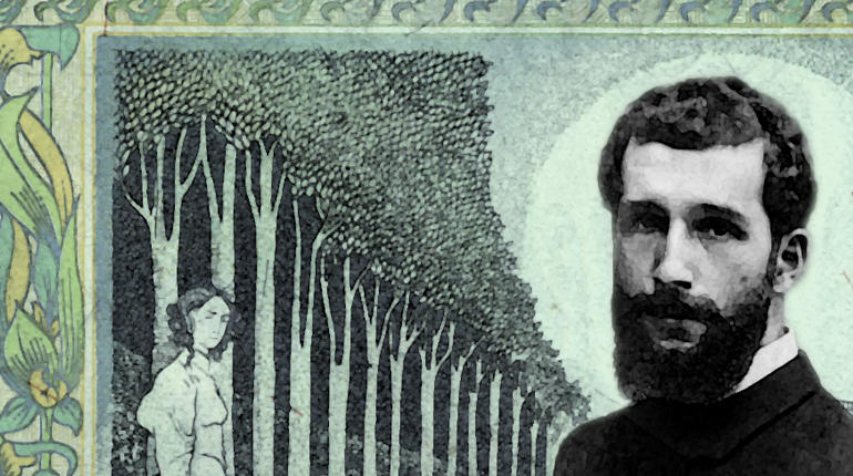 Foto de Jose Asuncion Silva, de fondo arboles y mujer