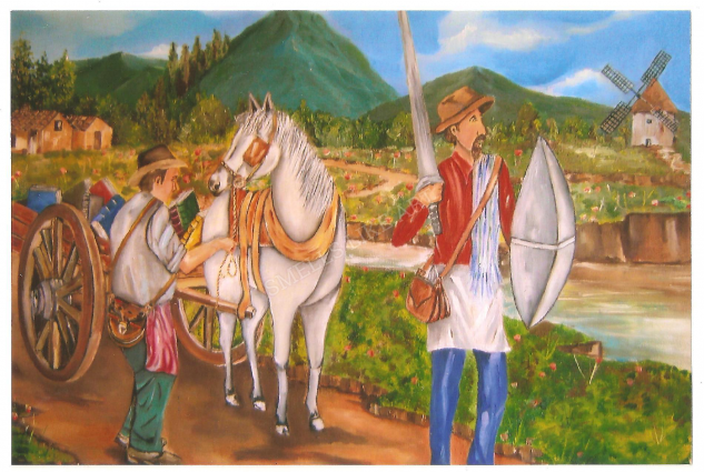 Dibujo de Don quijote y Sancho con ponchos y un toque colombiano