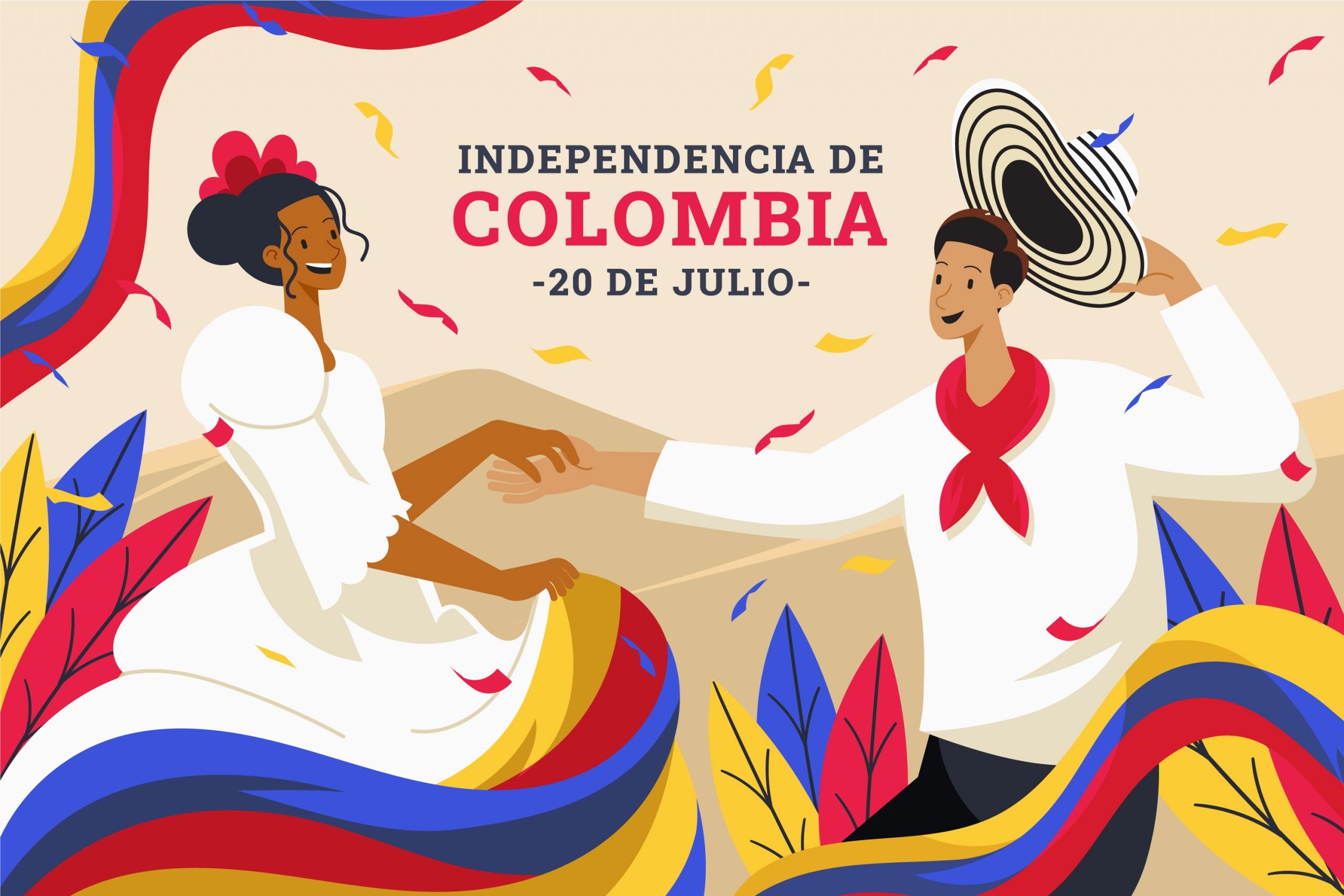 Pareja de sanjuanero en la mitad de ellos algo que dice: independencia de Colombia 20 de Julio