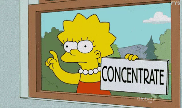 Lisa simpson, con un letrero el letrero CONCENTRATE viendo por una ventana.