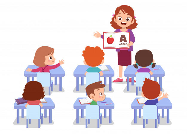 Aula de clases. Profesora frente a sus estudiantes.