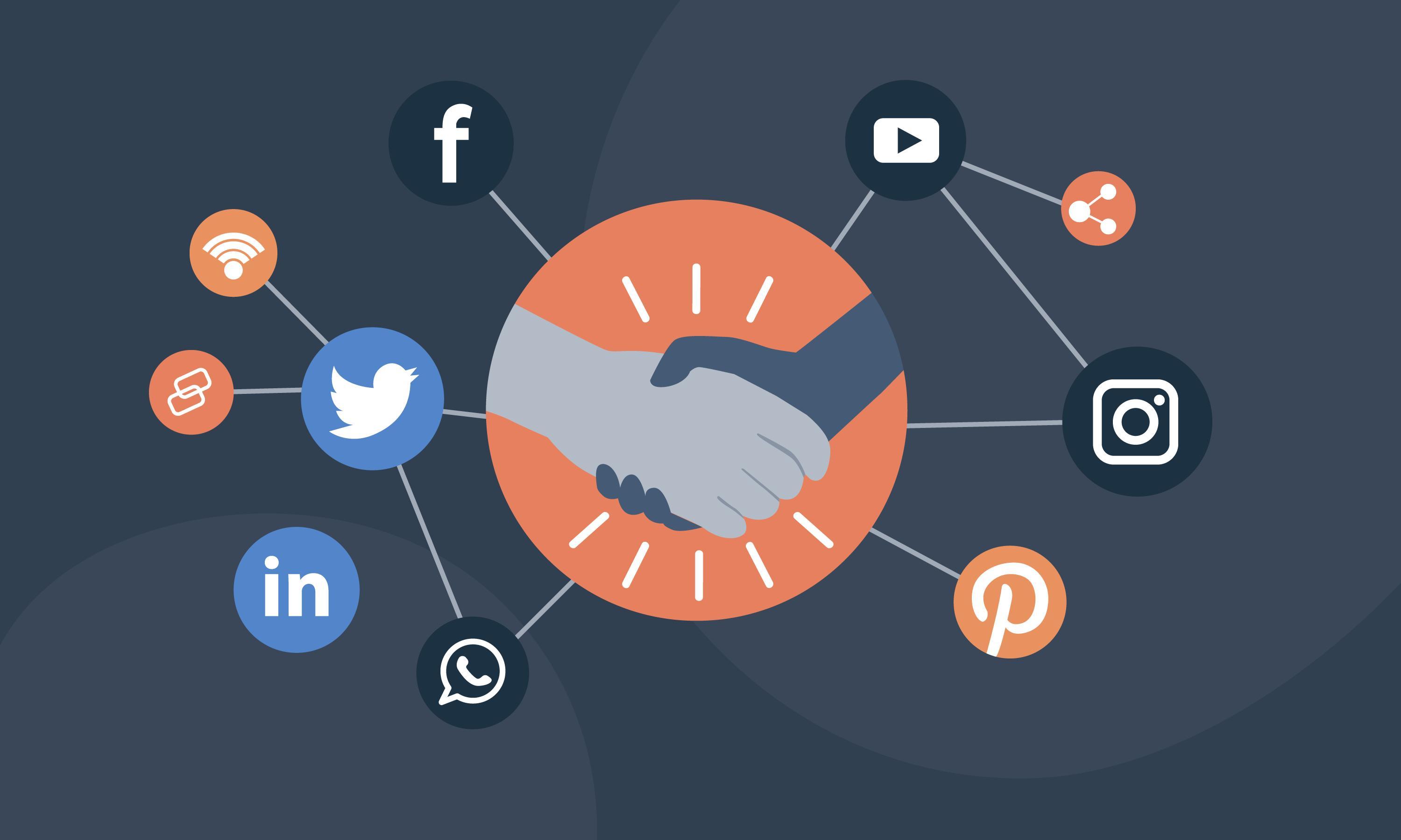 Dos manos estrechándose y a su alrededor algunos logos de las redes sociales.