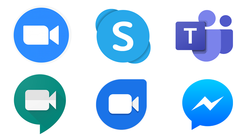 Logotipos de Zoom, Skype, Teams, Meet, Duo, Messenger.