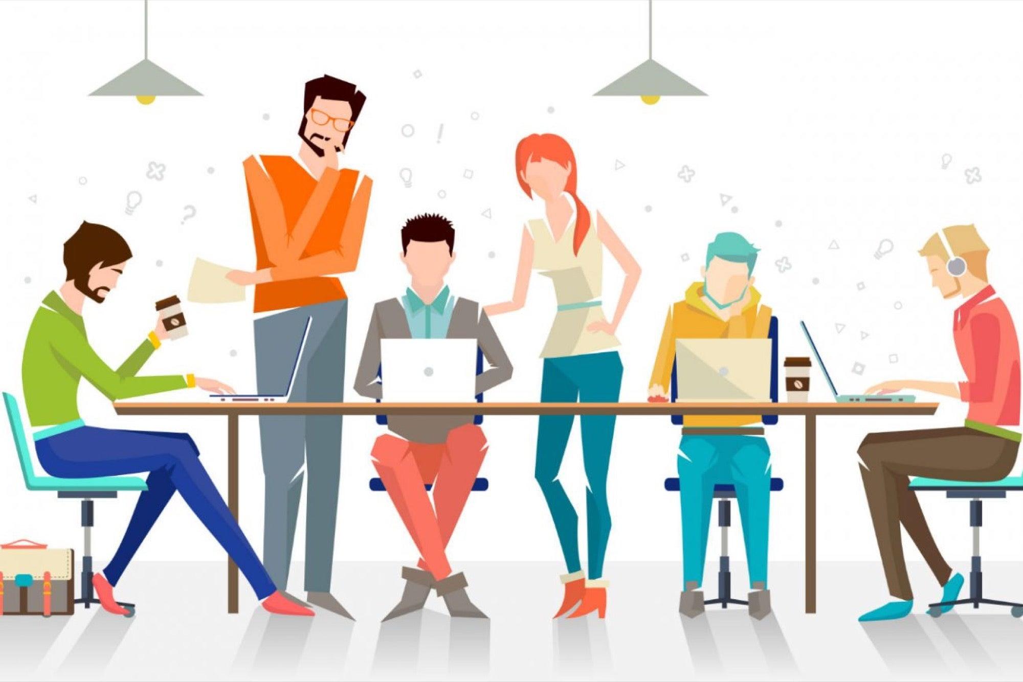 Dibujo de personas en reunion formulando ideas