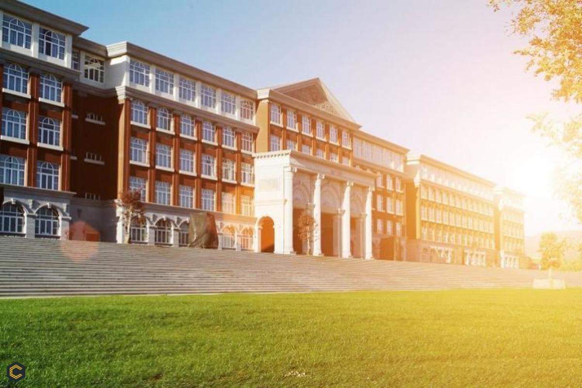 Entrada a la universidad, con el sol iluminando de frente.