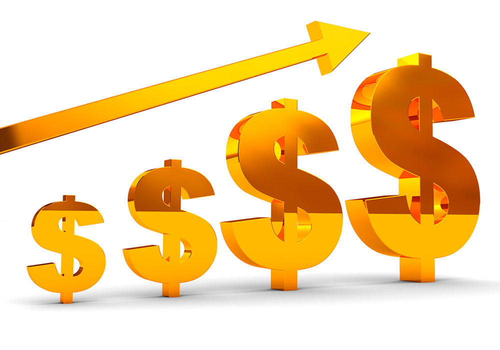 Signos de pesos color amarillo con un flecha ascendente junto a ellos.