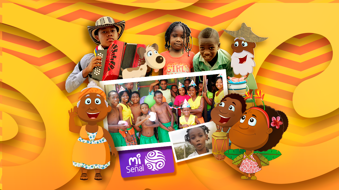 Foto de personas Afro, rodeada de dibujos que representan afrocolombianos