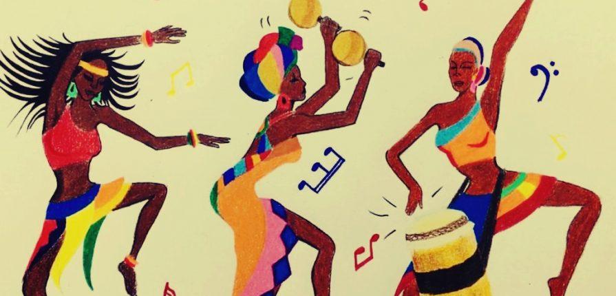Dibujos de tres mujeres de etnia negra haciendo expresiones musicales