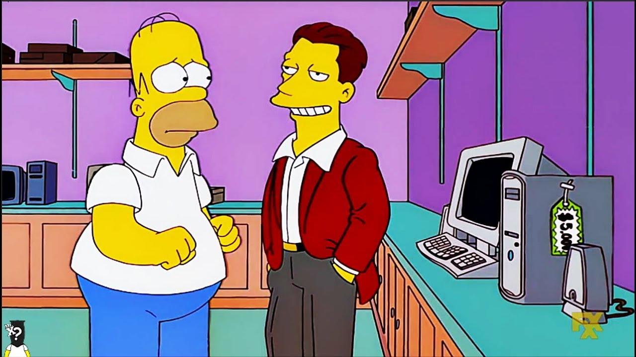 Homero con cara de preocupación frente a un vendedor que muestra una gran sonrisa.
