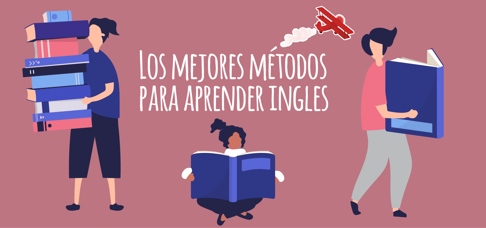 Chicas con libros en sus manos , bajo el letrero de "los mejores métodos para aprender ingles"