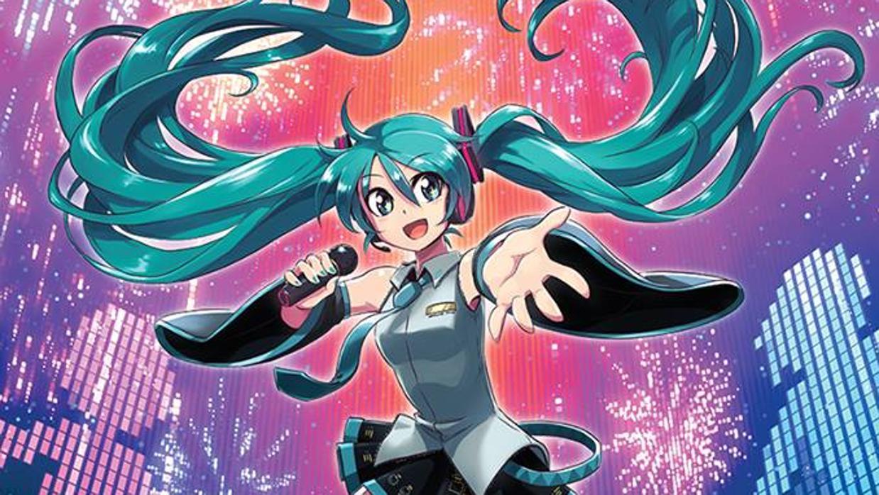 Hatsune Miku, con un micrófono en una ,mano mientras extiende adelante la otra