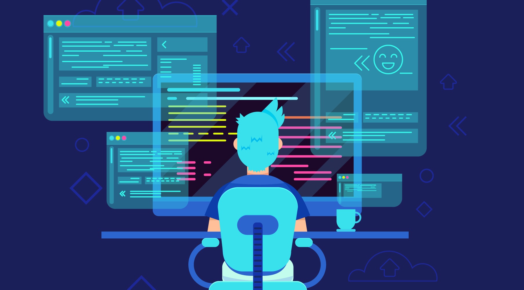 Programador sentado frente a muchas pantallas, sentado de espaldas a la cámara