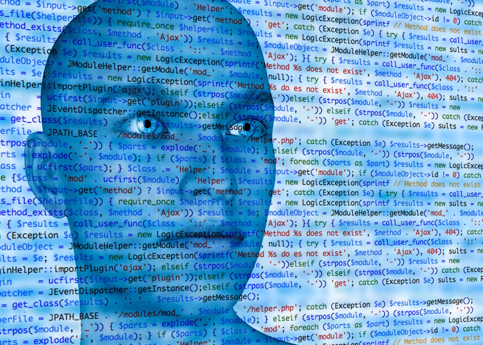 Cabeza que alude a inteligencia artificial detrás de una pantalla con varios códigos escritos