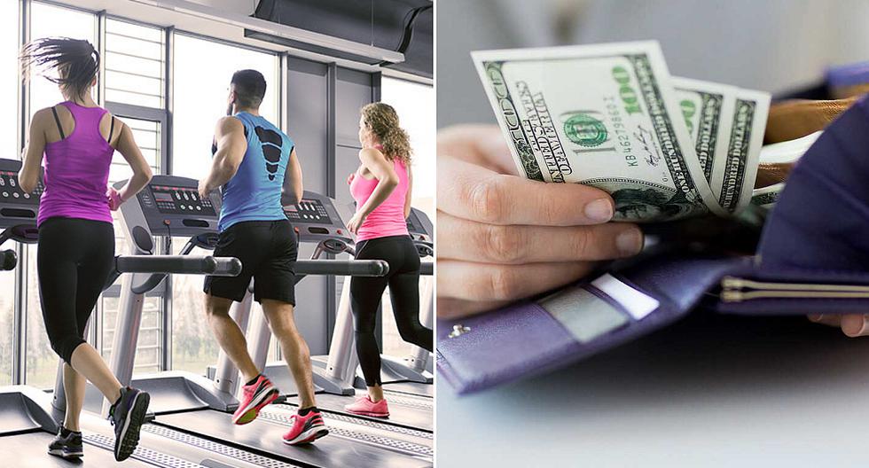 Grupo ejercitando en cintas de correr, mano sostenido dinero.