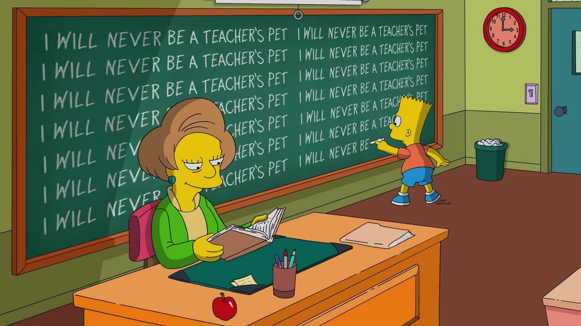Edna krabappel sentada leyendo un libro mientras Bart Simpson realiza una plana.
