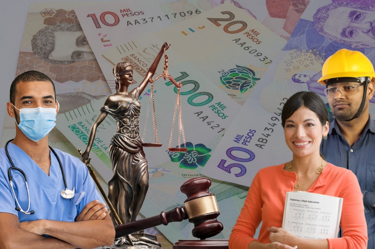 Profesores de diferentes areas, junto a logos de billetes colombianos.