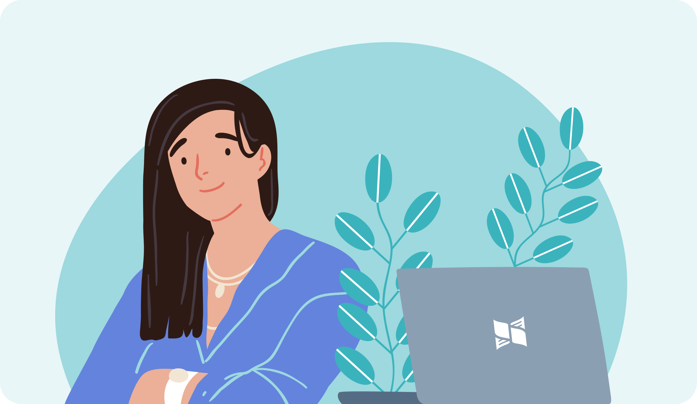 Profesora anime junto a un portátil.