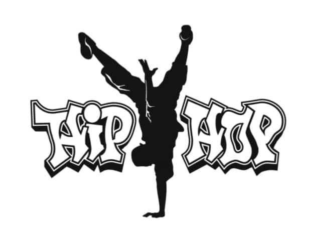 Letrero que dice Hip Hop, con silueta de un chico suspendido en un brazo, en la mitad