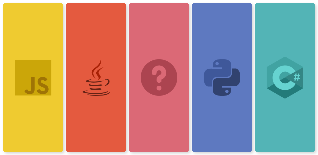Logos de 5 lenguajes de programación, en 5 cuadros de colores diferentes.