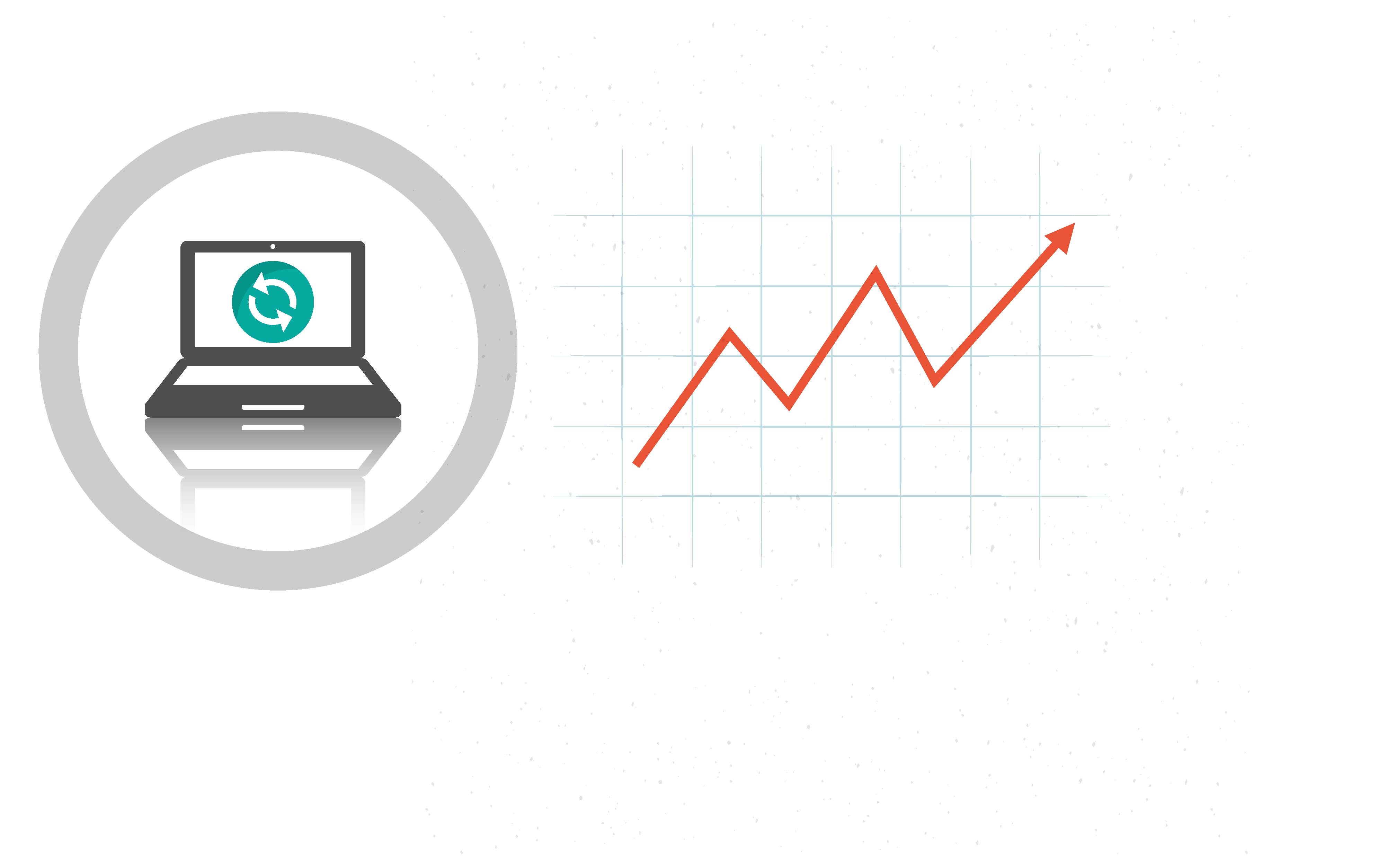 Computador, junto a un gráfica ascendente.