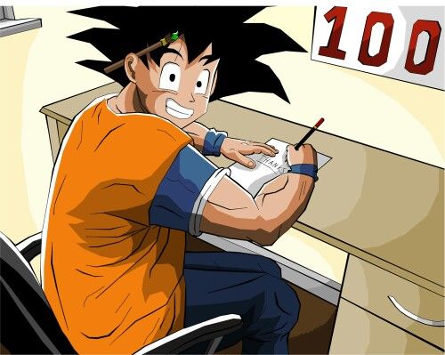 Goku riendo muestra ve de frente y escribe.