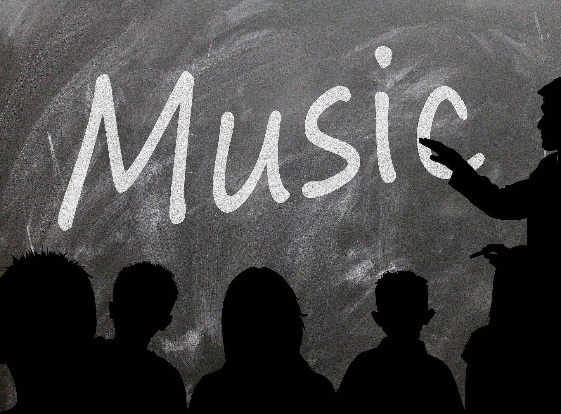 Silueta de profesor señalando a alumnos la palabra Music