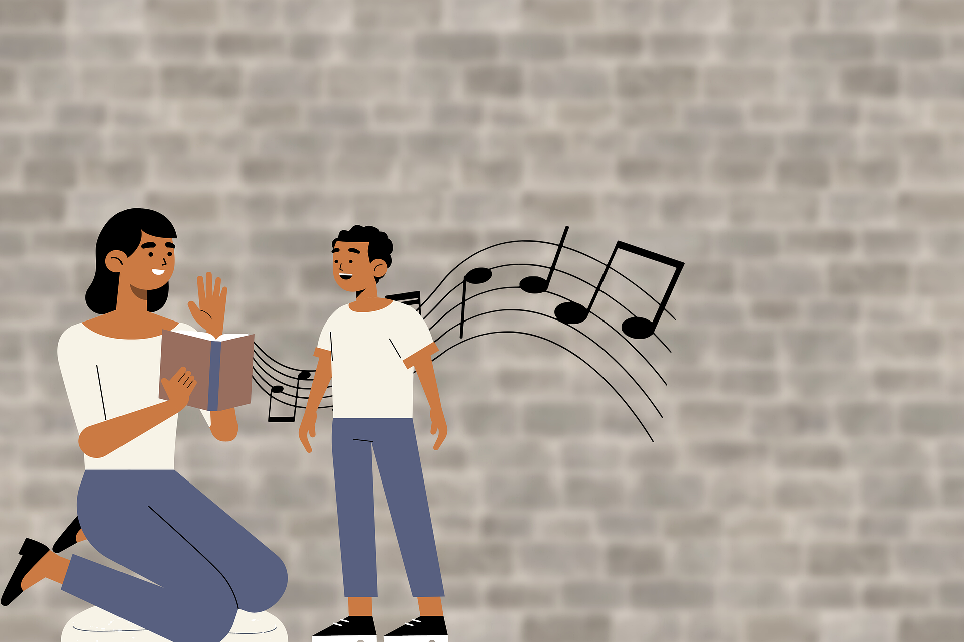 Dibujo de profesroa de canto dando clase a un niño
